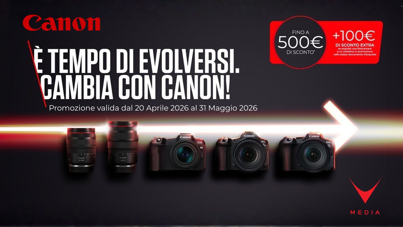 Canon sconto in cassa fiera della fotografia 2026 su mirrorless EOS R e obiettivi RF