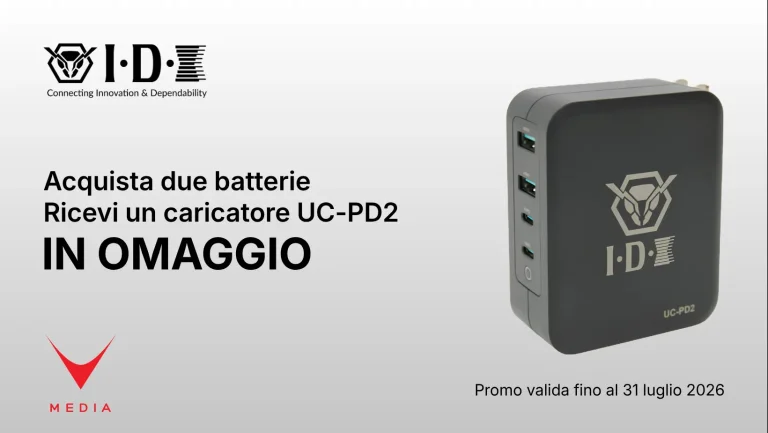 Caricatore IDX UC-PD2 USB-C PD in omaggio promo estate 2026 batterie professionali.