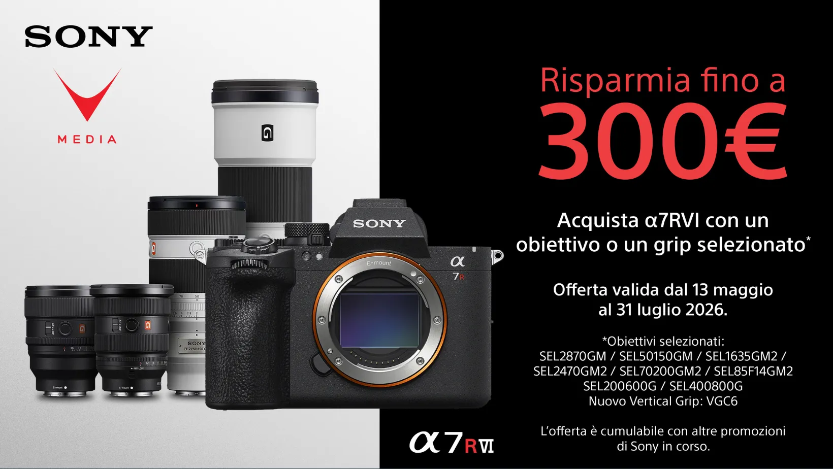 Promo Sony α7RVI con obiettivi G Master e vertical grip VGC6 selezionati