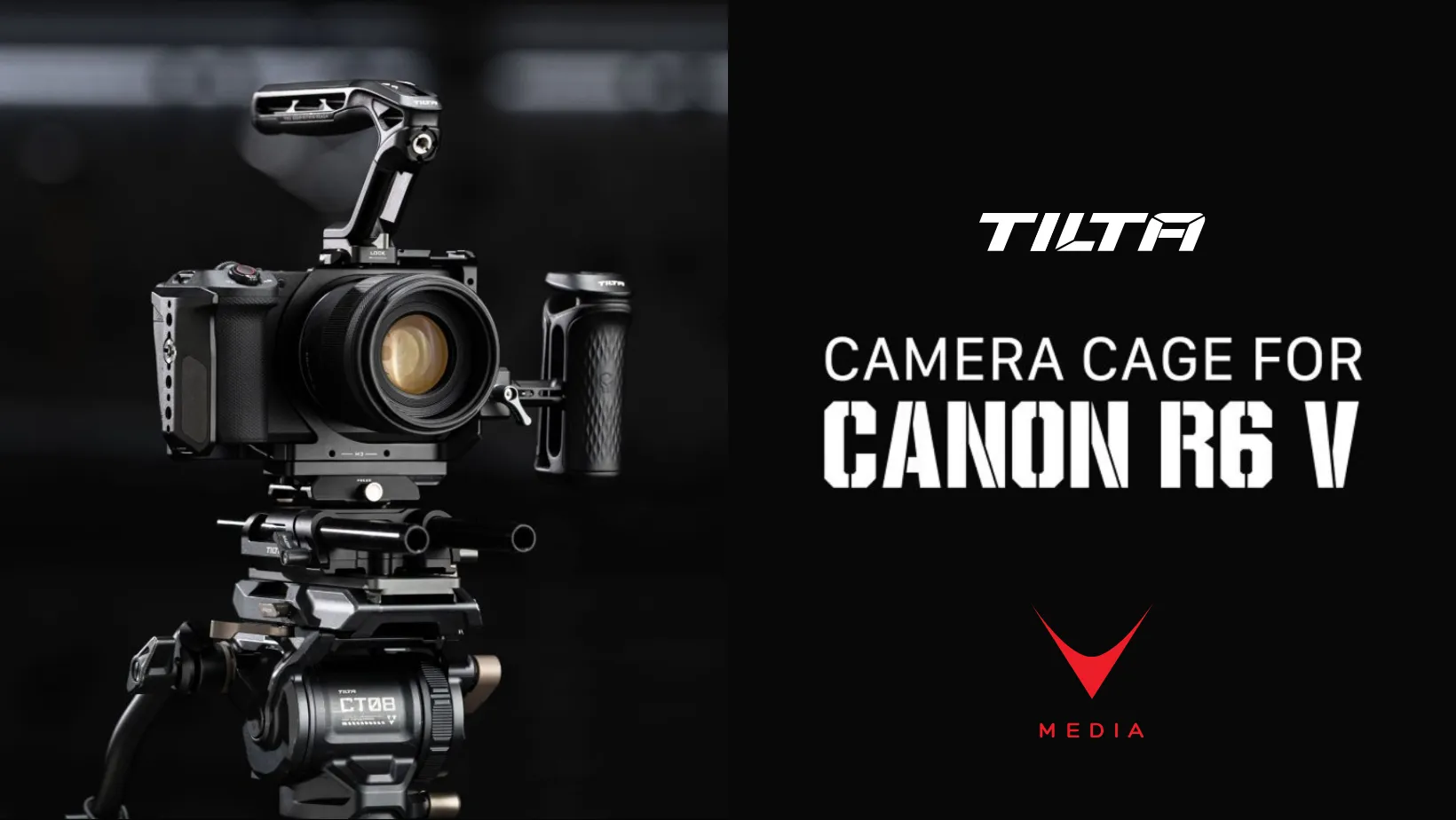 Camera cage Tilta Canon R6 V con maniglia superiore Xeno e piastra LWS su set professionale