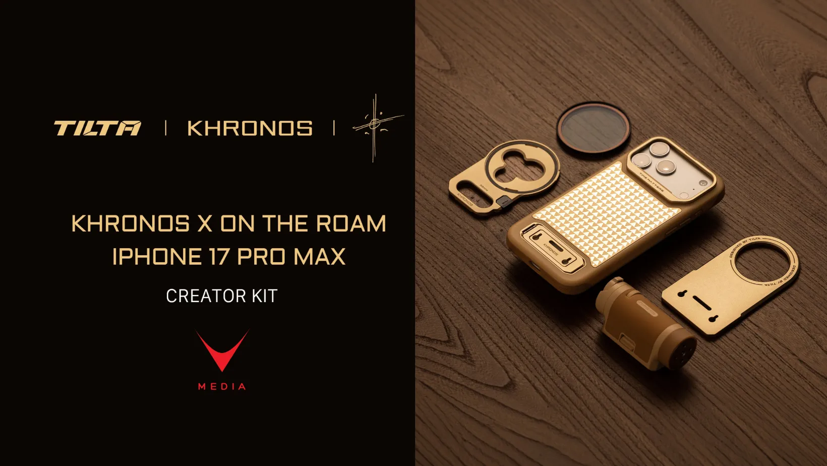 Tilta Khronos Lite x On The Roam Gold creator kit per iPhone 17 Pro Max con handle e filtri