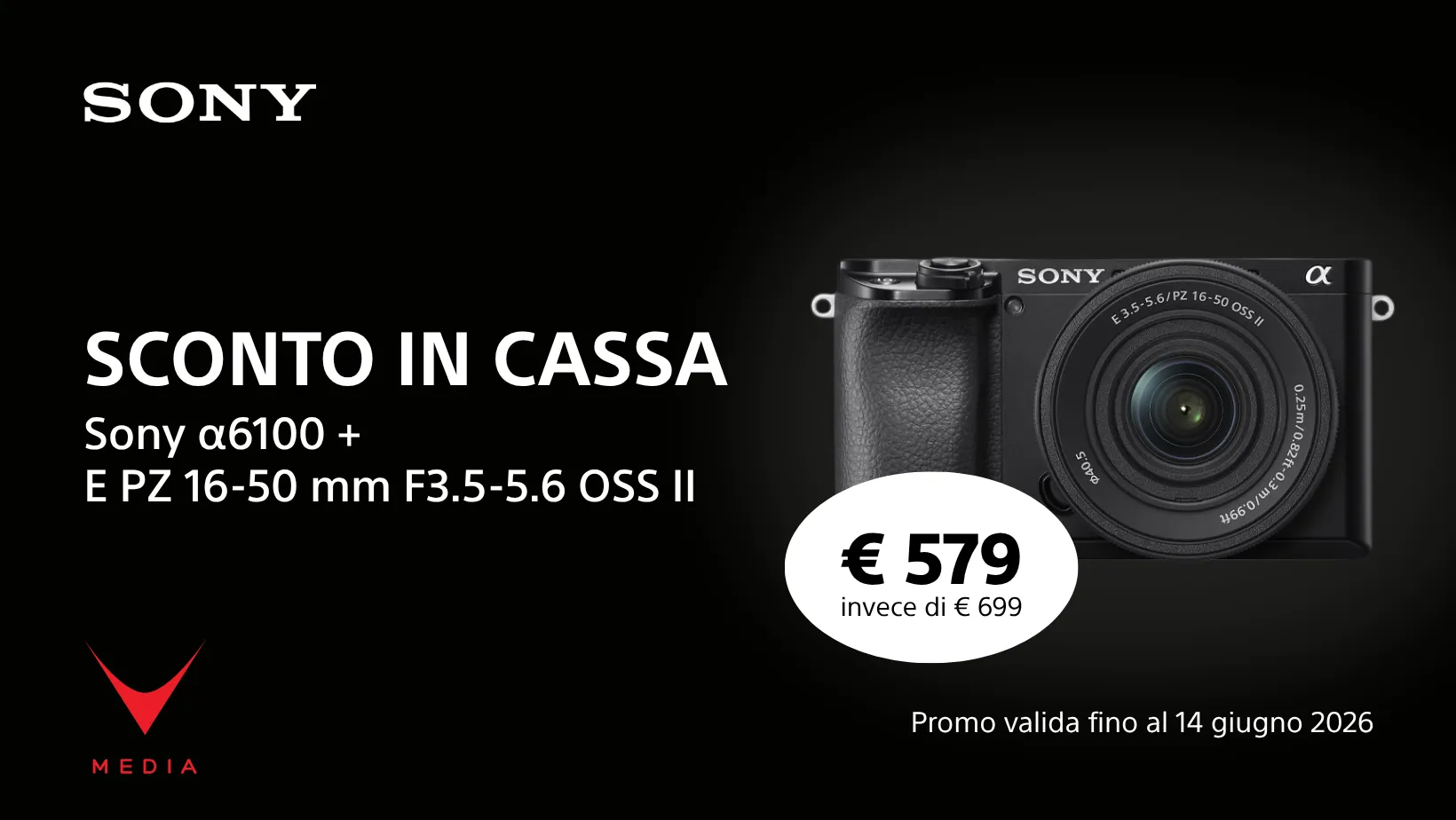 Sconto in cassa Sony Alpha 6100 kit 16-50 giugno 2026 a €579