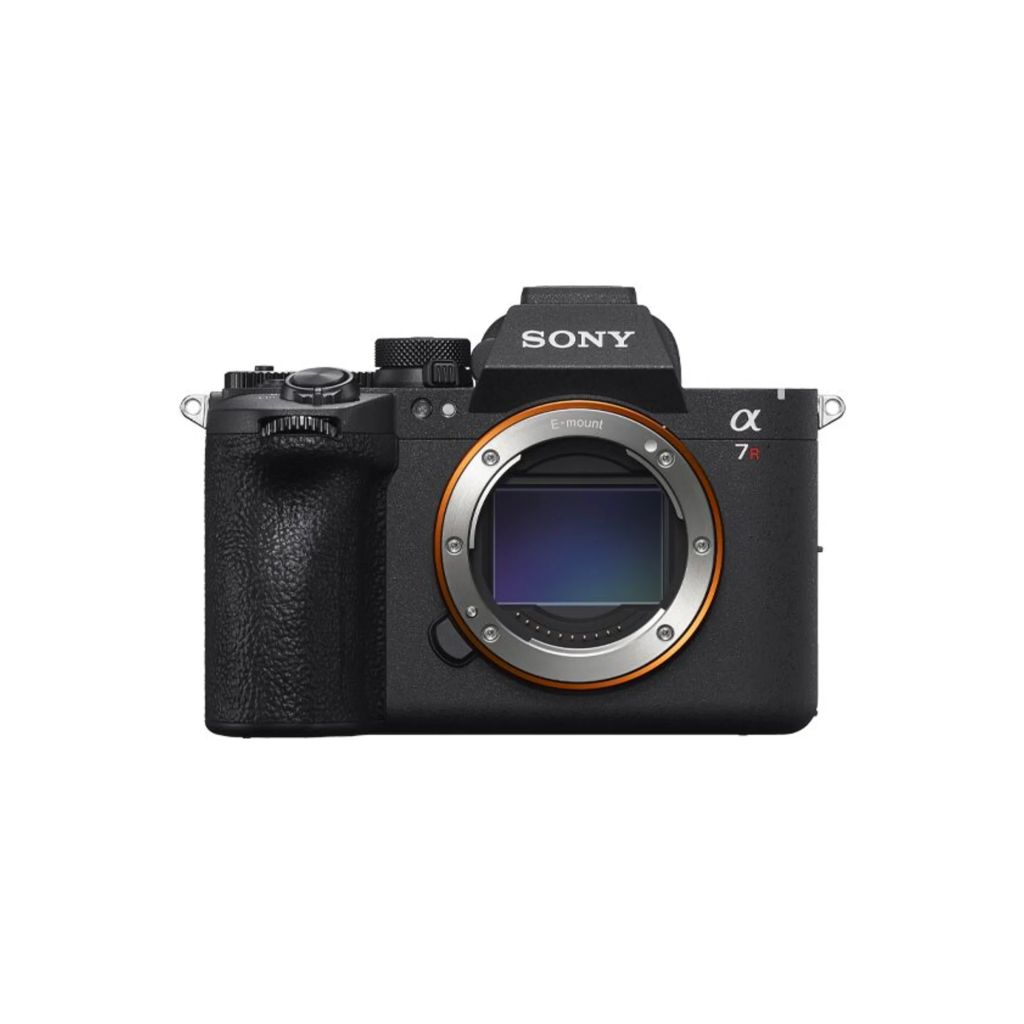 Sony Alpha 7R VI mirrorless full-frame 66,8 MP con sensore Exmor RS stacked e processore BIONZ XR2, corpo anteriore senza obiettivo.