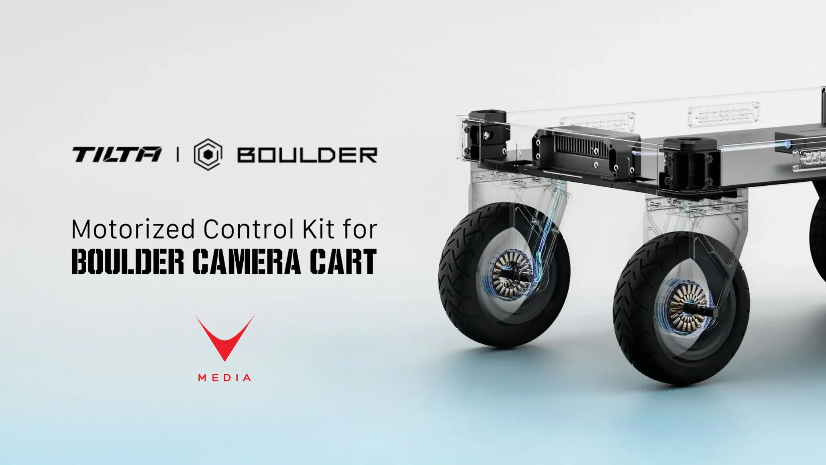 Kit motorizzato Tilta Boulder Camera Cart con ruote motorizzate e maniglia wireless su set cinematografico