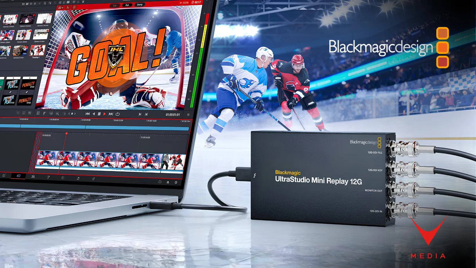 Dispositivo UltraStudio Mini 12G collegato via Thunderbolt a un sistema broadcast