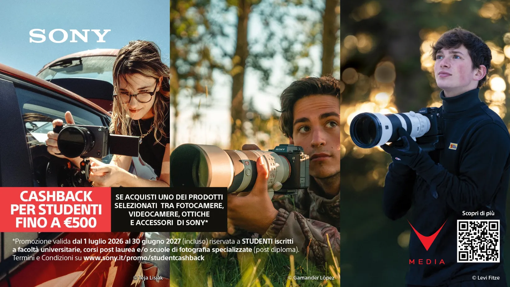 Fotocamera Sony Alpha e obiettivo con badge cashback studenti 2026