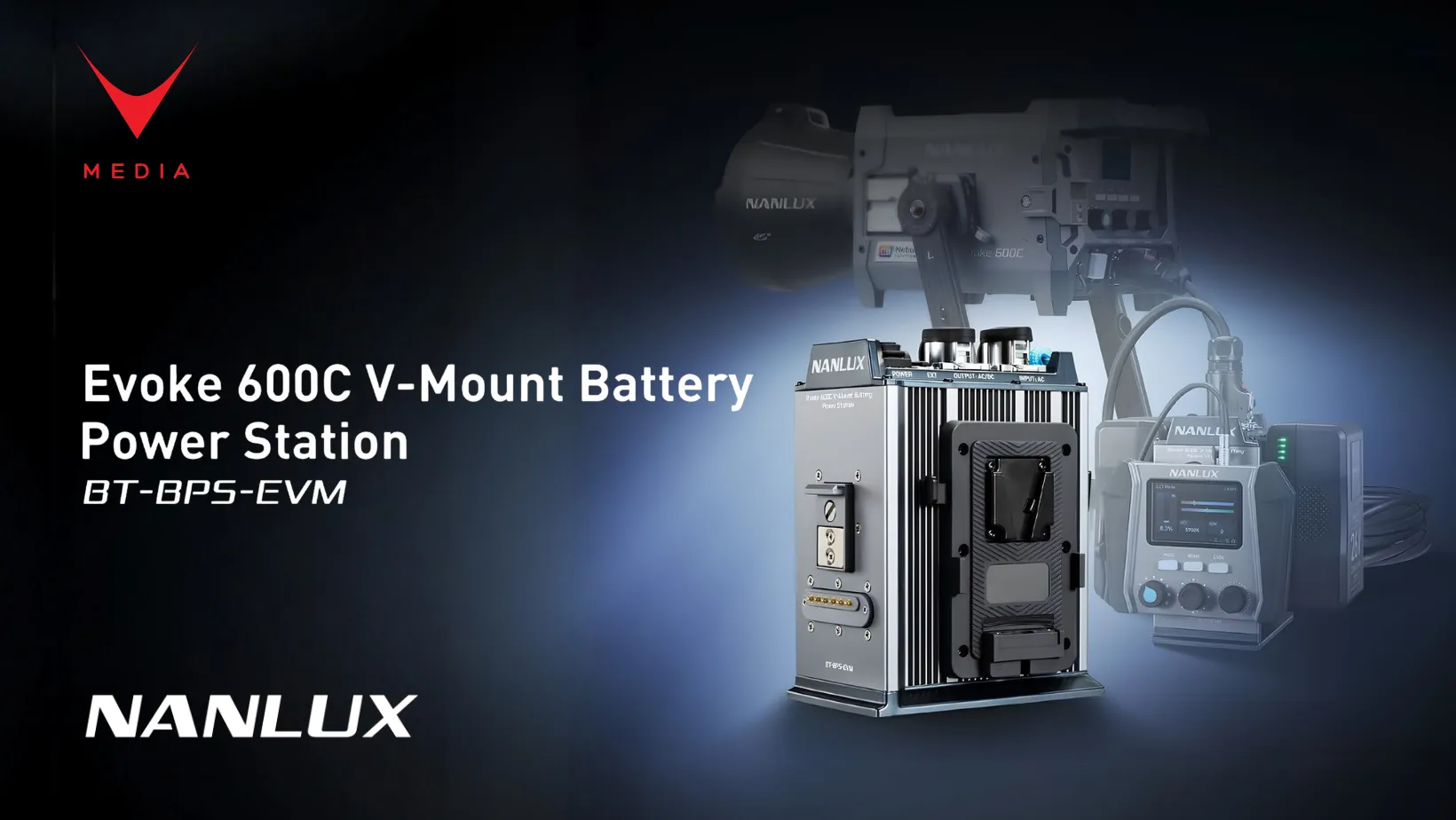power station V-Mount Nanlux Evoke 600C con cavo DC e attacco magnetico.