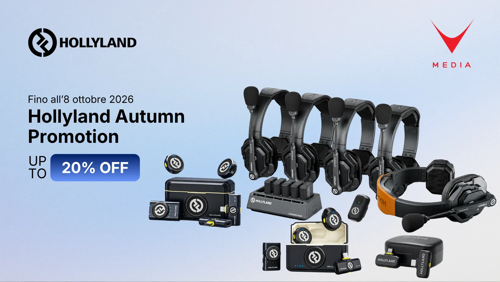 Promo Hollyland autunno 2026 su microfoni Lark e intercom Solidcom SE
