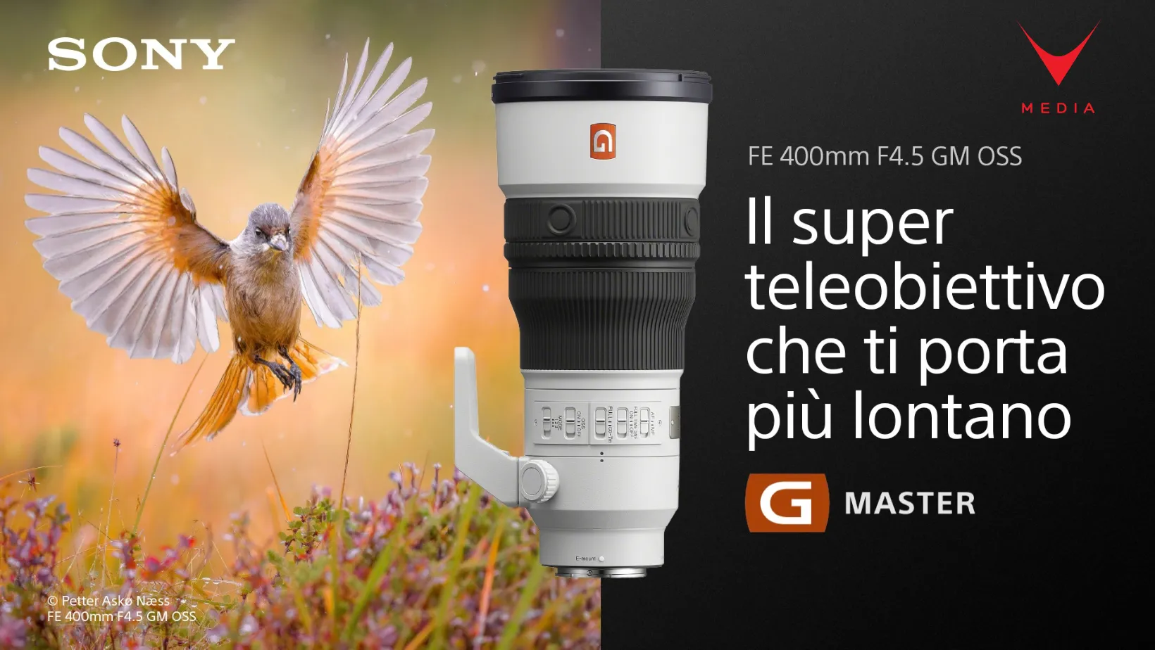 Obiettivo Sony FE 400mm F4.5 GM OSS montato su fotocamera Alpha per fotografia naturalistica