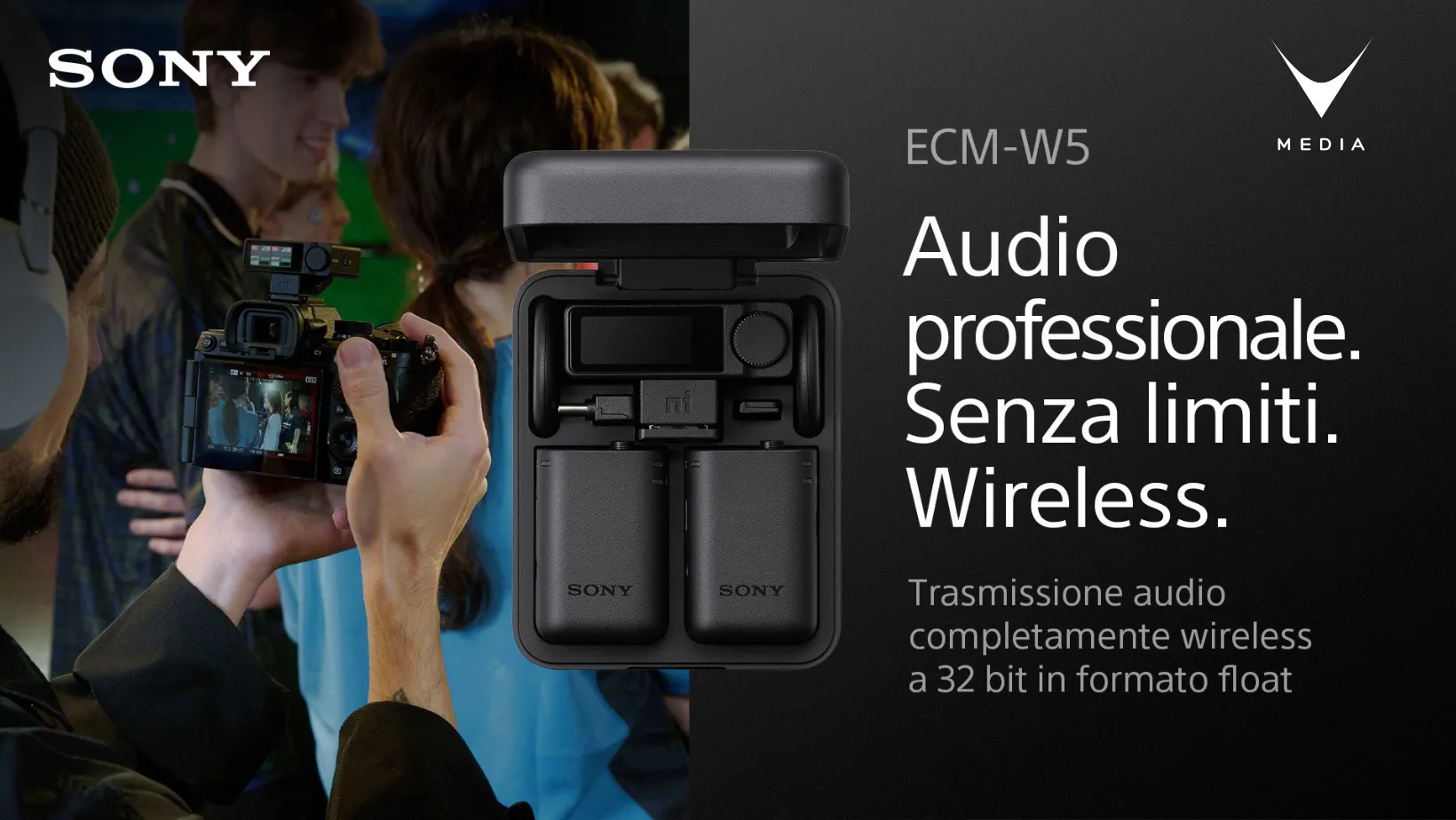 Microfono wireless Sony ECM-W5 con ricevitore, due trasmettitori e custodia di ricarica