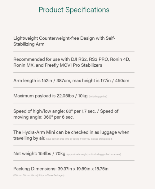 Hydra-Arm Mini Specifications