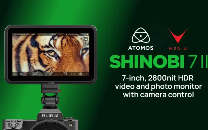 Monitor Atomos Shinobi 7 II con display HDR montato su fotocamera cinema