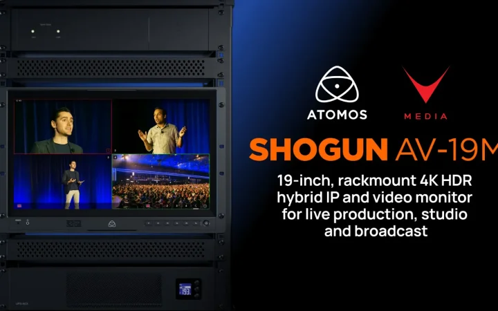 Monitor NDI Atomos Shogun AV-19M da 19 pollici in configurazione studio broadcast