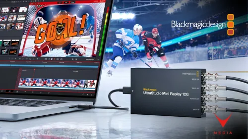 Dispositivo UltraStudio Mini 12G collegato via Thunderbolt a un sistema broadcast