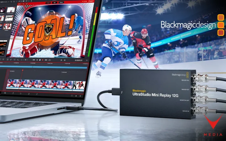 Dispositivo UltraStudio Mini 12G collegato via Thunderbolt a un sistema broadcast