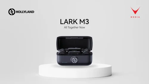 microfono wireless LARK M3 Hollyland con custodia di ricarica e trasmettitori