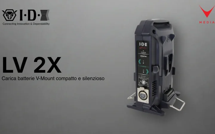 Caricabatterie V-Mount IDX VL-2X su banco di lavoro in studio broadcast