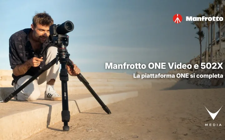 Treppiede video Manfrotto ONE con testa fluida 502X su set di ripresa professionale
