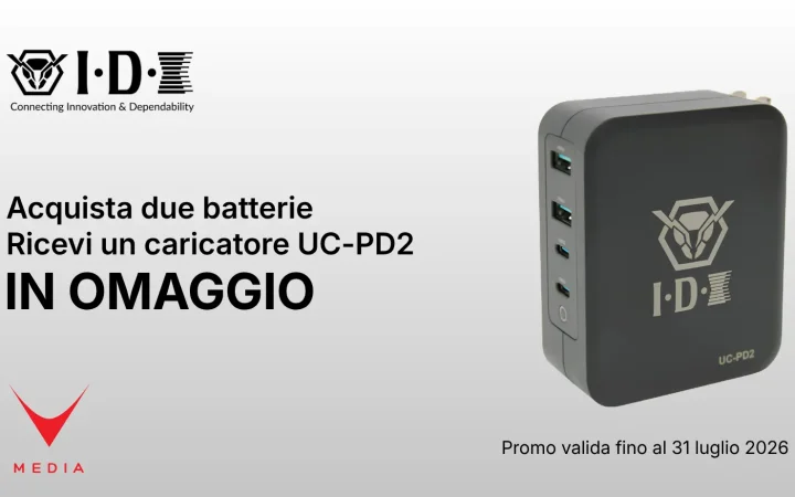 Caricatore IDX UC-PD2 USB-C PD in omaggio promo estate 2026 batterie professionali.