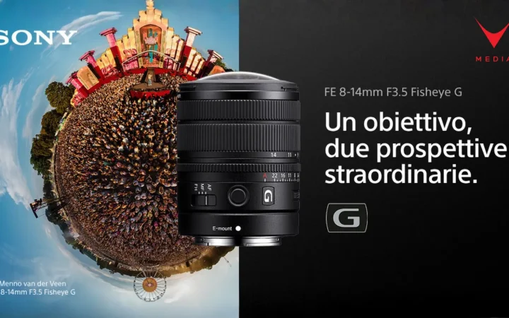 Obiettivo fisheye G Lens Sony SEL814G montato su fotocamera Alpha full-frame