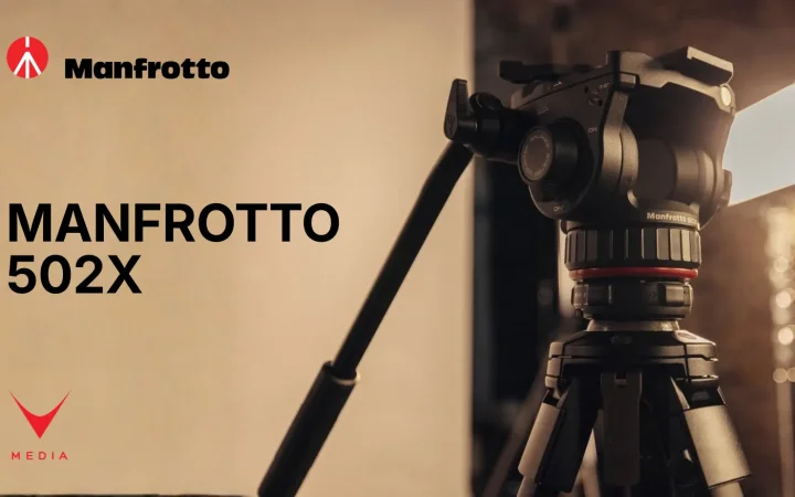 Testa fluida Manfrotto 502X montata su supporto per riprese professionali