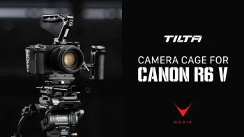 Camera cage Tilta Canon R6 V con maniglia superiore Xeno e piastra LWS su set professionale