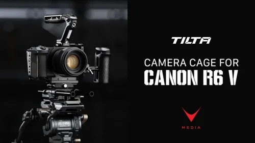 Camera cage Tilta Canon R6 V con maniglia superiore Xeno e piastra LWS su set professionale