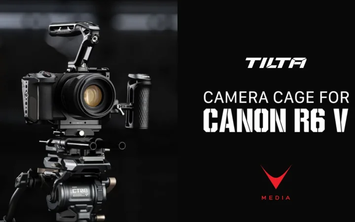 Camera cage Tilta Canon R6 V con maniglia superiore Xeno e piastra LWS su set professionale