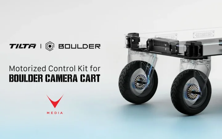 Kit motorizzato Tilta Boulder Camera Cart con ruote motorizzate e maniglia wireless su set cinematografico